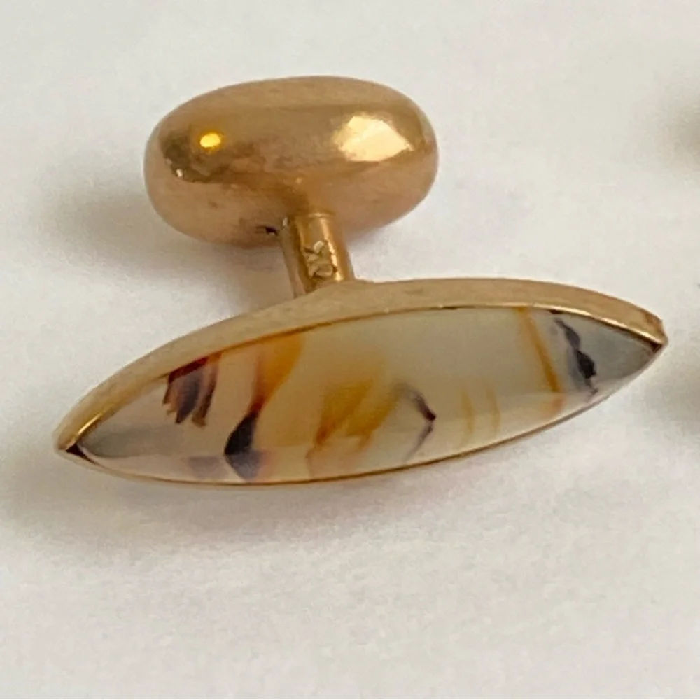 Art Deco 10K Gold Agate Cufflinks Marquis Cut‎ Mens Antique Vintage 40s 50s